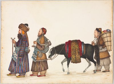 Una familia de tártaros, c. 1885 (tinta, acuarela y oro sobre papel) de Indian School