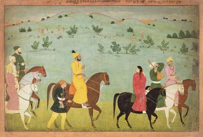 Un príncipe de Jasrota, posiblemente Balwant Singh, en una expedición a caballo, por Nainsukh (fl. 1740-50) Cachemira, c.1751 de Indian School