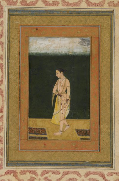 Una dama camina en un jardín, folio de álbum con pintura, c.1730 de Indian School