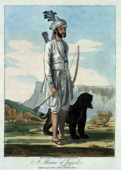 Un Meena de Jajurh, grabado por T. Baxter después de un dibujo de Deen Alee, publicado por J. Murray de Indian School