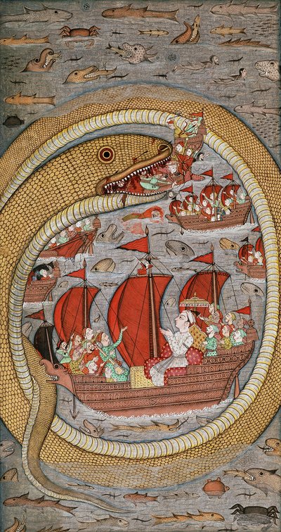Una serpiente monstruosa devorando la flota real, c.1670-1690 de Indian School