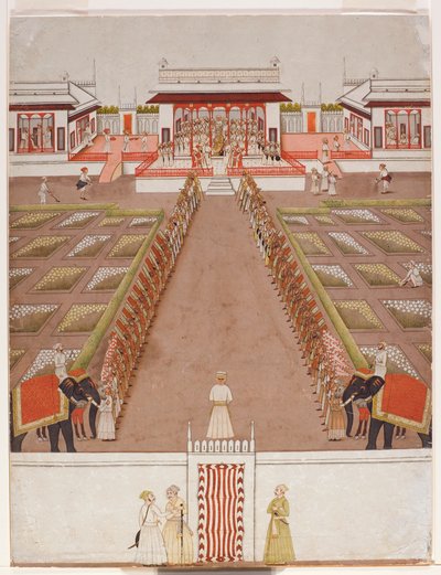 Un nawab celebrando corte dentro de un pabellón, más allá de una avenida de retenedores y dos elefantes de Indian School