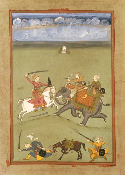Un príncipe luchando contra sus enemigos en un elefante, c.1710 de Indian School