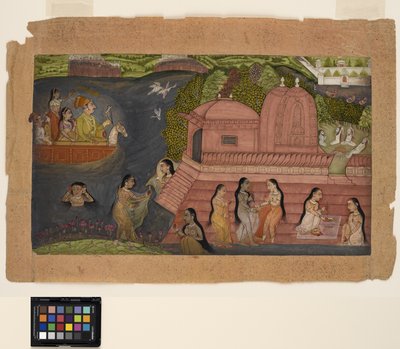 Un raja cazando desde un bote encuentra bellezas bañándose junto a un templo, c.1695 de Indian School