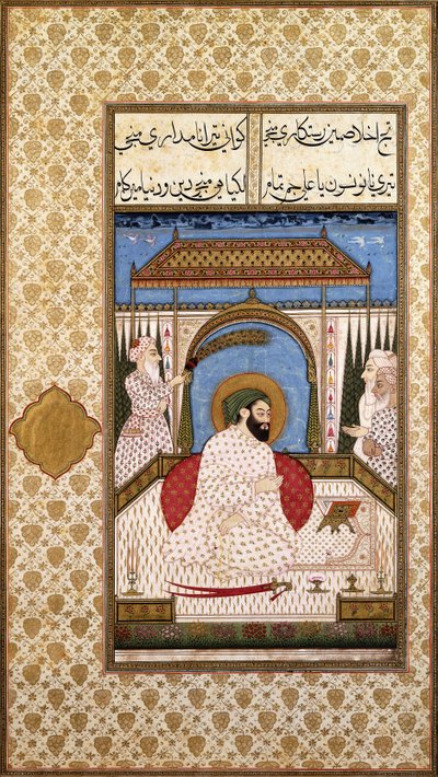 Un gobernante sufí nimbado leyendo un Corán en una terraza, c. 1700 de Indian School