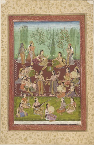 Un grupo de mujeres en un jardín, entreteniéndose con música y baile de Indian School