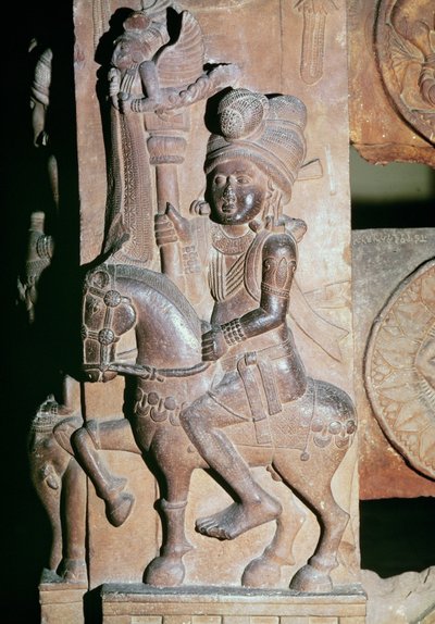 Un jinete, (detalle) de la puerta de una estupa budista, de Bharhut, Madhya Pradesh, Período Maurya Tardío, Dinastía Sunga (180-72 a.C.) de Indian School