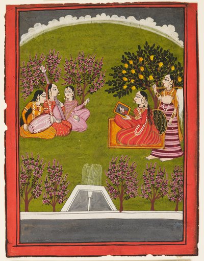 Una dama sentada con un espejo en un jardín, con una criada y tres músicos, c.1909 (gouache sobre papel) de Indian School
