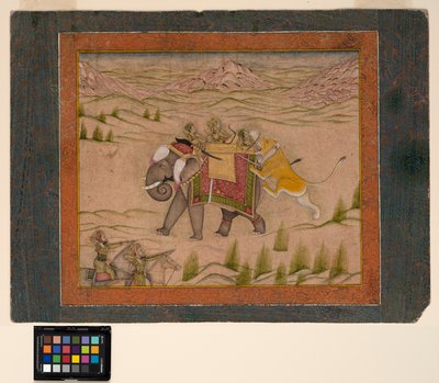 Un león ataca a un grupo de caza sobre un elefante, c.1810 de Indian School