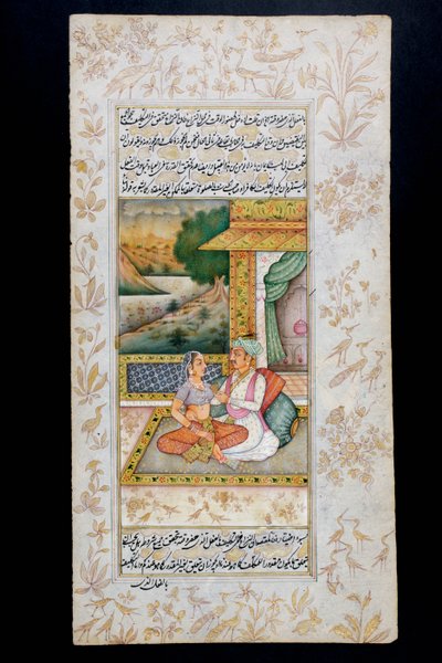 Un hombre corteja a una mujer en una escena de boudoir, pintura en miniatura Rajasthani de Indian School