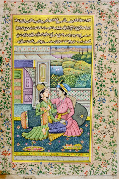 Un hombre corteja a una mujer en un entorno lujoso, pintura en miniatura de Rajasthani de Indian School