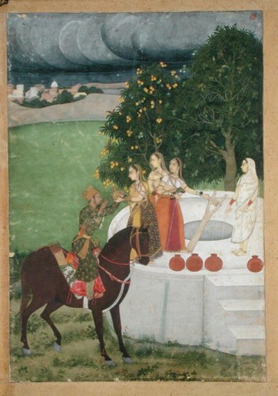 Un príncipe montado recibiendo agua de damas en un pozo, miniatura de Murshidabad de Indian School