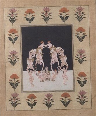 Una pareja de amantes sentados en un columpio compuesto por otros amantes entrelazados, c.1830 de Indian School
