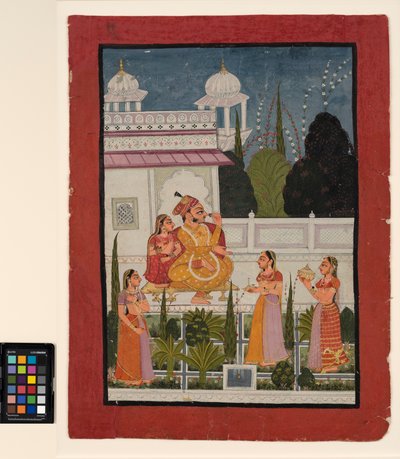 Un raja en una terraza con su rani, atendido por tres mujeres, finales del siglo XVIII de Indian School