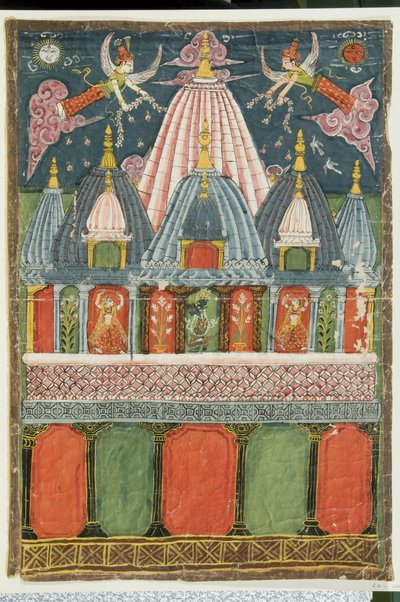 Un templo con una imagen de Venu-gopala-krishna con dos bailarinas actuando para la deidad de Indian School