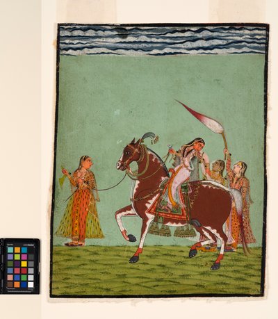 Una mujer a caballo con tres asistentes, c.1735 de Indian School