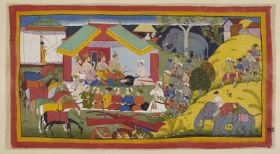 Agregue 15296 (1) f.100r, Bharata y sus seguidores han llegado a la capital del Reino de Nishada. En su campamento a orillas del Ganges, Bharata, su hermano y sus ministros están sentados en durbar frente a su tienda. El Nishadaking Guha viene con de Indian School