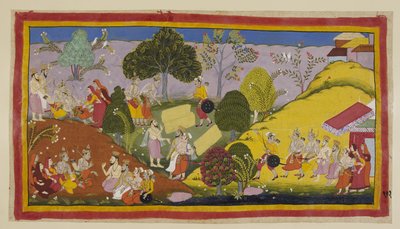 Add 15296 (1) f.101r, A la izquierda Bharata, en su extrema angustia, se desmaya después de escuchar a Guha