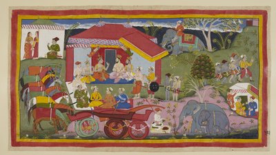Add 15296 (1) f.104r, En una escena de campamento, Guha el Nishadaking se introduce en la reunión de los príncipes, brahmanes y ministros. Los caballos, sin yugo de los carros, se paran en una línea atados y cojean, mientras un mahout prepara pólvora para  de Indian School