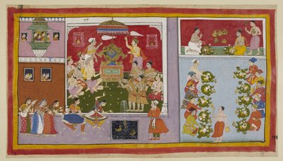 Add 15296 (1) f.106r, A través de sus poderes mágicos, Bharadvaja ha conjurado un palacio en un terreno de recreo para el entretenimiento y refrigerio de sus invitados. Bharadvaja y los demás ascetas y brahmanes se sientan en la sala del trono, mientras lo de Indian School