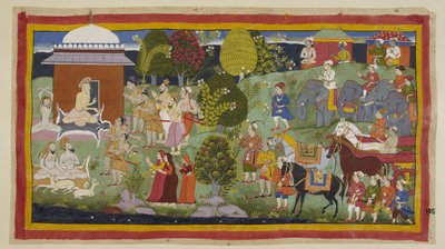 Add 15296 (1) f.108r, Bharadvaja, sentado fuera de su choza con otros ascetas y ciervos, pregunta a los príncipes si han disfrutado de su hospitalidad. Les dice a ellos y a sus compañeros que Rama vive en Citrakuta. A petición suya, los príncipes intr. de Indian School