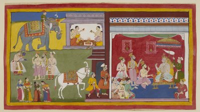Add 15296 (1) f.11r, Dasaratha, entronizado en durbar, les dice a los brahmanes Vasistha y Vamadeva ya su ministro Sumantra su intención de ceder su trono a Rama como regente; a la izquierda, estos tres convocan a Rama y Laksmana. Arriba, cuatro brahmanes  de Indian School