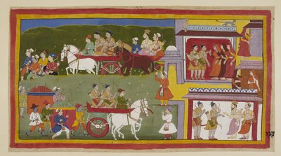 Add 15296 (1) f.127r, La procesión regresa a Ayodhya, a lo largo de la parte inferior de la pintura, la ciudad triste y desierta siendo el lugar predilecto de gatos y búhos. Bharata y Shatrughna se despiden de las reinas y le dicen a Vasistha que se retira de Indian School