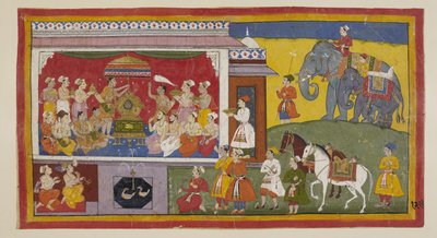 Add 15296 (1) f.129r, En la sala del trono en NandigRama, Bharata coloca en el trono las sandalias de Rama y con los sacerdotes y ministros reunidos los instala como gobernantes de Ayodhya. De ahora en adelante son tratados como el mismo Rama. Los dos prín de Indian School