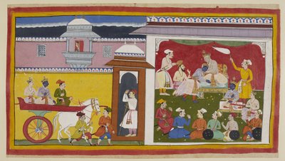 Add 15296 (1) f.12r, Sumantra lleva a Rama y Laksmana en un carro al salón durbar de Dasaratha, con una mujer mirando desde arriba a través de un jharokha. El rey saluda a Rama, le informa de su decisión y lo sienta en un pequeño trono a su lado mientras e de Indian School