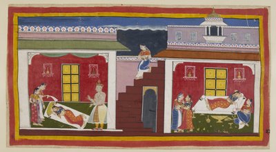 Add 15296 (1) f.22r, Manthara desciende desde arriba y entra en el dormitorio de Kaikeyi, a la derecha, y la despierta con la noticia de la inminente coronación. Kaikeyi primero se llena de deleite y se levanta, le presenta a Manthara un collar de alrededo de Indian School