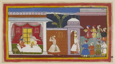 Add 15296 (1) f.27r, Vasistha le ha dicho a Sumantra que le diga al rey que todo está listo, y él le informa a Dasaratha de esto. Kaikeyi le dice, con el consentimiento silencioso de Dasharatha, que vaya a buscar a Rama. Fuera de la entrada del palacio a l de Indian School