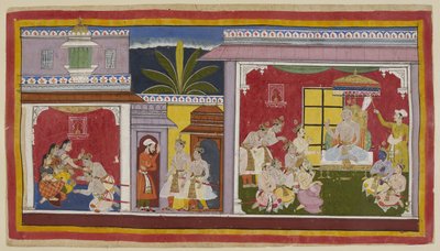 Add 15296 (1) f.2r, En la sala del trono en Ayodhya (derecha), el rey Dasharatha está sentado con sus cuatro hijos, su ministro Sumantra y su principal sacerdote Vasistha. Yudha jit, hermano de la reina Kaikeyi y tío materno de Bharata, ha venido para llev de Indian School