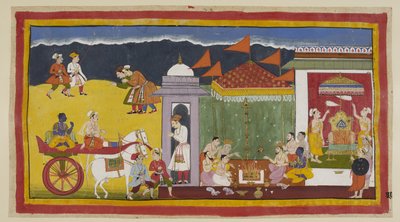 Add 15296 (1) f.30r, Sumantra llega a la entrada del palacio con Rama en su carro, con los habitantes del pueblo inclinándose para darles la bienvenida. Una vez dentro de los muros del palacio, Rama participa en las ofrendas al fuego sagrado con los brahma de Indian School