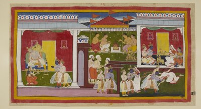 Add 15296 (1) f.34r, Rama acepta su destierro con perfecta ecuanimidad, y él y Laksmana se despiden de Kaikeyi y Dasaratha, quienes con la cabeza baja y la mirada desviada no se atreven a mirar a su hijo. Él y Laksmana abandonan el palacio de Kaikeyi y g de Indian School