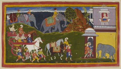 Add 15296 (1) f.4r, Bharata, Shatrughna y su tío, junto con sirvientes y dos caballos a caballo, con elefantes cargados más allá de la línea del horizonte, llegan al palacio del rey de Kekaya, el abuelo materno de Bharata, quien los espera mirando hacia af de Indian School