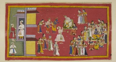 Add 15296 (1) f.50r, Dasharatha había ordenado previamente a Sumantra que convocara a sus reinas y a todas sus esposas, quienes ahora rodean al rey cuando Sumantra trae a los exiliados para despedirse. Dasaratha trata de persuadir a Rama de que no vaya al  de Indian School