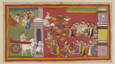 Add 15296 (1) f.53r, A la derecha, al ver a sus hijos ya Sita vestidos con túnicas de corteza, Dasaratha pierde el conocimiento y cae del trono. Los tres exiliados se arrodillan ante las reinas. Sita es abrazada por Kausalya, quien le recuerda innecesariam de Indian School