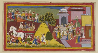 Add 15296 (1) f.57r, Rama, insoportablemente angustiado al ver a sus ancianos padres corriendo desesperadamente tras el carro, ha instado al conductor. El carro pasa detrás de una colina, todavía rodeado por la gente del pueblo, mientras que Dasaratha, que de Indian School