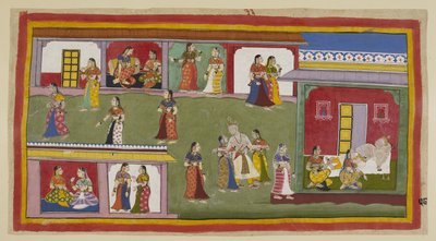 Add 15296 (1) f.58r, El rey es ayudado a regresar a su palacio por sus reinas. Él repudia a Kaikeyi, diciéndole que viva en el palacio como viuda ya que no quiere volver a verla, y Kausalya y Sumitra lo ayudan a acostarse, mientras que las reinas menores m de Indian School