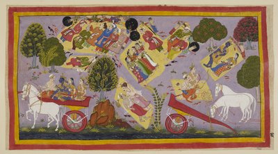 Add 15296 (1) f.61r, Los exiliados han llegado al río Tamasa y pasan la noche en sus orillas, aún rodeados por los afligidos habitantes del pueblo. Sita y Rama yacen durmiendo en un lecho de hierba, mientras Laksmana y Sumantra hablan de las virtudes de Ra de Indian School