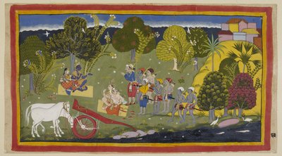 Add 15296 (1) f.63r, Los compañeros han llegado al río Ganga en Srngaverapura Rama y Sita están sentados en una estera de paja debajo de un árbol, que se supone que es un árbol ingudi, mientras que Laksmana y Sumantra están sentados de manera similar frent de Indian School