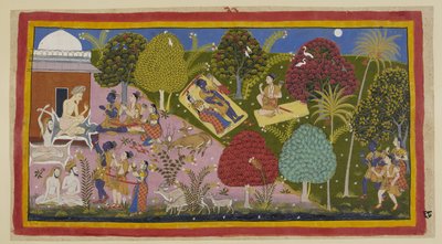 Add 15296 (1) f.68r, En la parte superior central, los tres pasan la noche en el bosque. Sita y Rama yacen en una estera, su espada y arco a su lado, mientras Laksmana sentada en su estera reprende a Rama por ceder al dolor. En la parte inferior, luego pro de Indian School