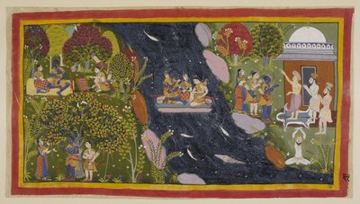 Add 15296 (1) f.69r, Bharadvaja, a la derecha en su ermita, advierte a los viajeros del camino a Citrakuta. En el centro, cruzan el Yamuna en una balsa improvisada, con Sita rezando de nuevo a la diosa del río para que regrese a salvo, y en el de Indian School