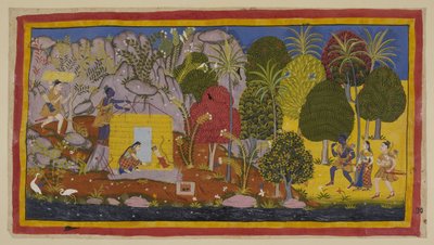 Add 15296 (1) f.70r, Los tres exiliados se acercan a Citrakuta desde la derecha a lo largo de las orillas del río Yamuna. Rama se maravilla ante los árboles y plantas en flor que cubren la montaña. A la izquierda, en un espacio llano cerca del río, los dos de Indian School