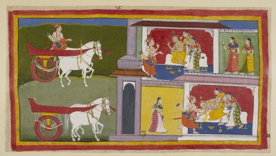 Add 15296 (1) f.72r, A la izquierda, Sumantra regresa a Ayodhya y entra al palacio para dar el último mensaje de Rama al rey, quien está sentado con Kausalya y Sumitra a su lado. El rey cae desmayado y es atrapado por Sumantra y las reinas. de Indian School