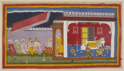 Add 15296 (1) f.76r, Dasharatha yace en su cama en su cámara, las dos reinas sentadas a su lado, las tres en actitud de conversar, mientras tratan de consolarse mutuamente. Fuera de la sala, los brahmanes y los ministros conversan con Sumantra. Eso de Indian School