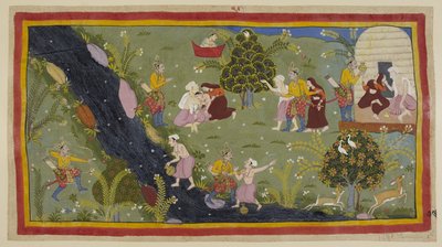 Añadir 15296 (1) f.79r, Dasaratha cuenta a las reinas el incidente de su juventud cuando mató accidentalmente al hijo de un sabio mientras cazaba. A la izquierda, Dasaratha apunta por error con su arco a través de los árboles al joven, que está llenando su de Indian School