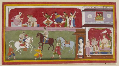 Add 15296 (1) f.7r, A la derecha en el palacio, los príncipes le piden al rey maestros de religión, artes y ciencias, mientras arriba, dos damas en una ventana alfombrada jharokha miran hacia abajo sobre ellos a la izquierda mientras practican equitación e de Indian School