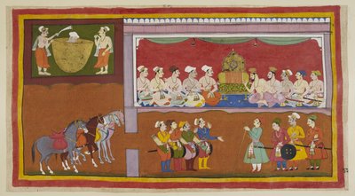 Agregue 15296 (1) f.82r, En ausencia de sus hijos, el cuerpo del rey se coloca en un caldero de aceite, con asistentes abanicándolo con reverencia, mientras que en el salón durbar, los ministros y los brahmanes debaten qué hacer, a ambos lados del vacío. t de Indian School