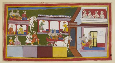Add 15296 (1) f.85r, Los príncipes en su carro conducen por la calle principal de Ayodhya, asombrados por el cambio en la ciudad desde que la abandonaron, y luego entran al palacio, con gestos inquisitivos. En una habitación superior, un brahmán y tres min de Indian School